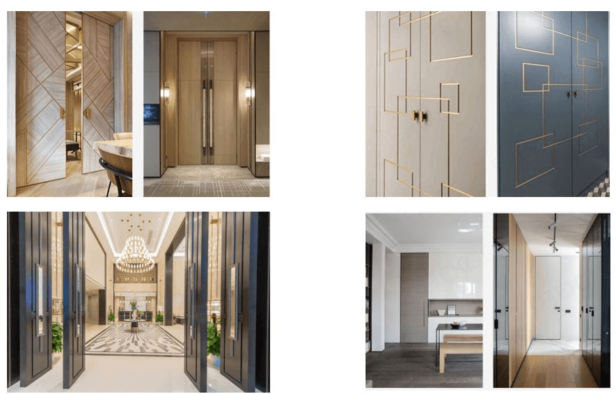 Various modern door designs showcasing different materials and styles including wood and decorative finishes in a contemporary setting.