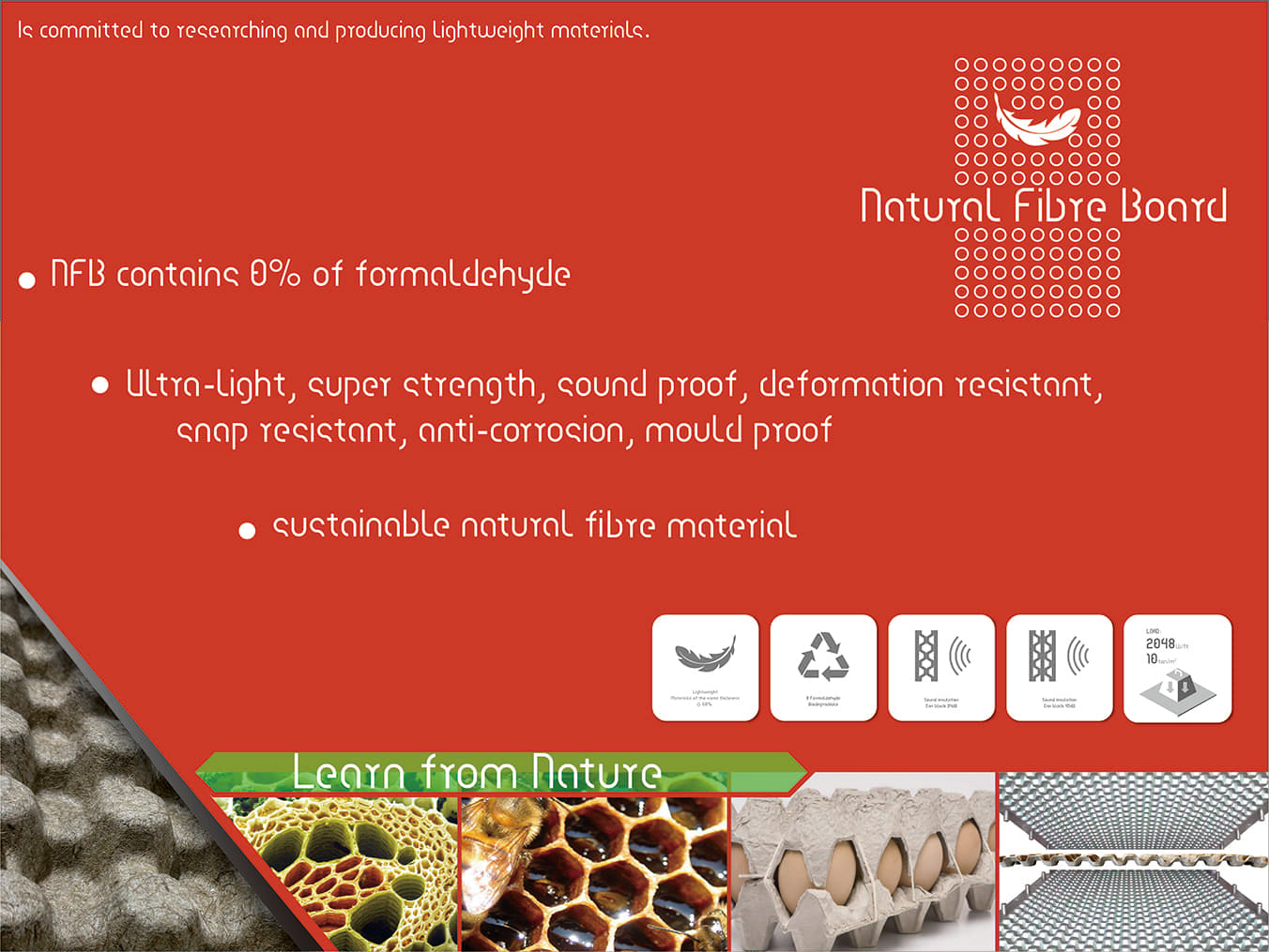 Natural Fibre Board showcasing eco-friendly, durable, soundproof, and lightweight properties with inspiration from nature