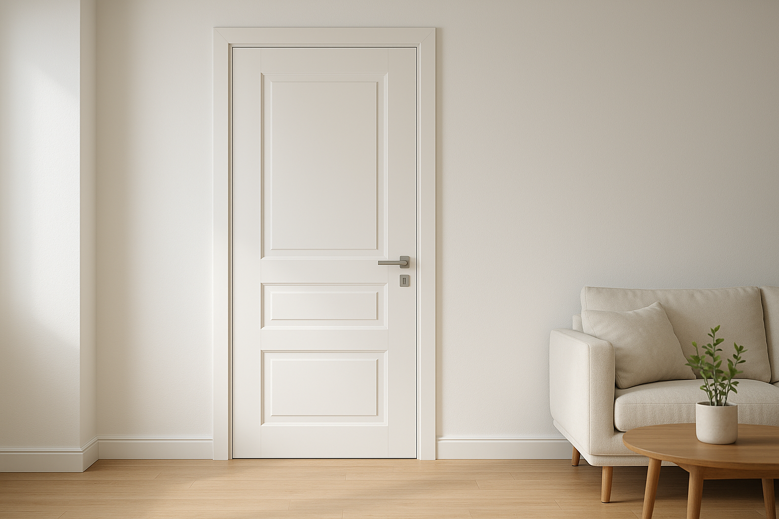 A modern white interior wooden door installed in a minimalist living room, realistic rendering, bright natural light, clean wall and wooden floor. No cutaway or core material visible.