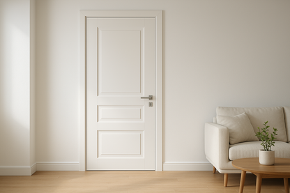 A modern white interior wooden door installed in a minimalist living room, realistic rendering, bright natural light, clean wall and wooden floor. No cutaway or core material visible.