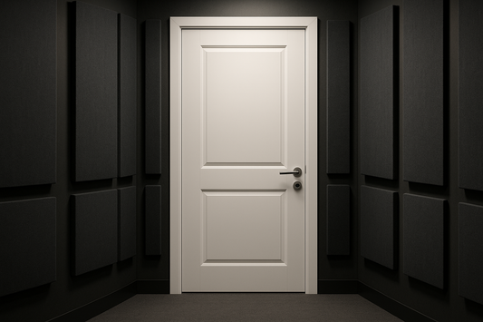 A modern white interior wooden door installed in a professional recording studio, realistic rendering, acoustic panels on the walls, subtle studio lighting, clean and minimalist environment. No cutaway or core material visible