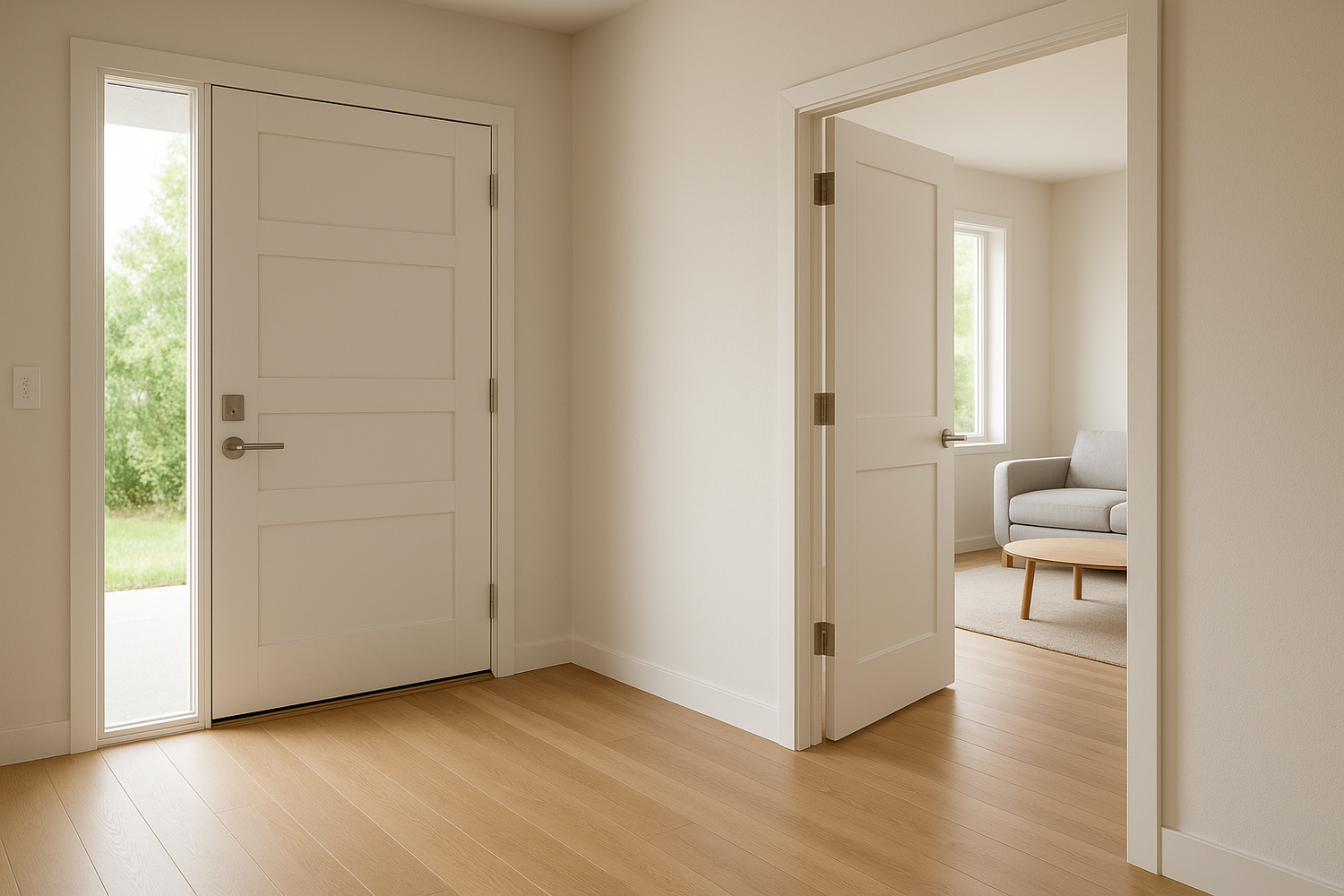 A realistic rendering of a modern house interior and entryway. A solid, modern white entry door is shown at the main entrance with subtle exterior details (door frame, threshold, natural daylight). In the same scene, a matching white interior wooden door is visible leading into a living room with clean walls, wooden floor, and bright natural light. Minimalist design, no cutaway or core material visible.